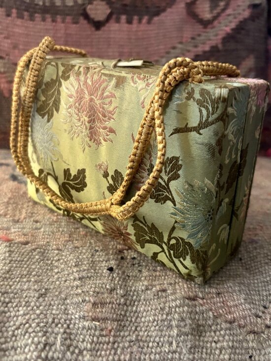 None Handbags - Vintage Green Floral Brocade Box Purse Handbag w Mirror